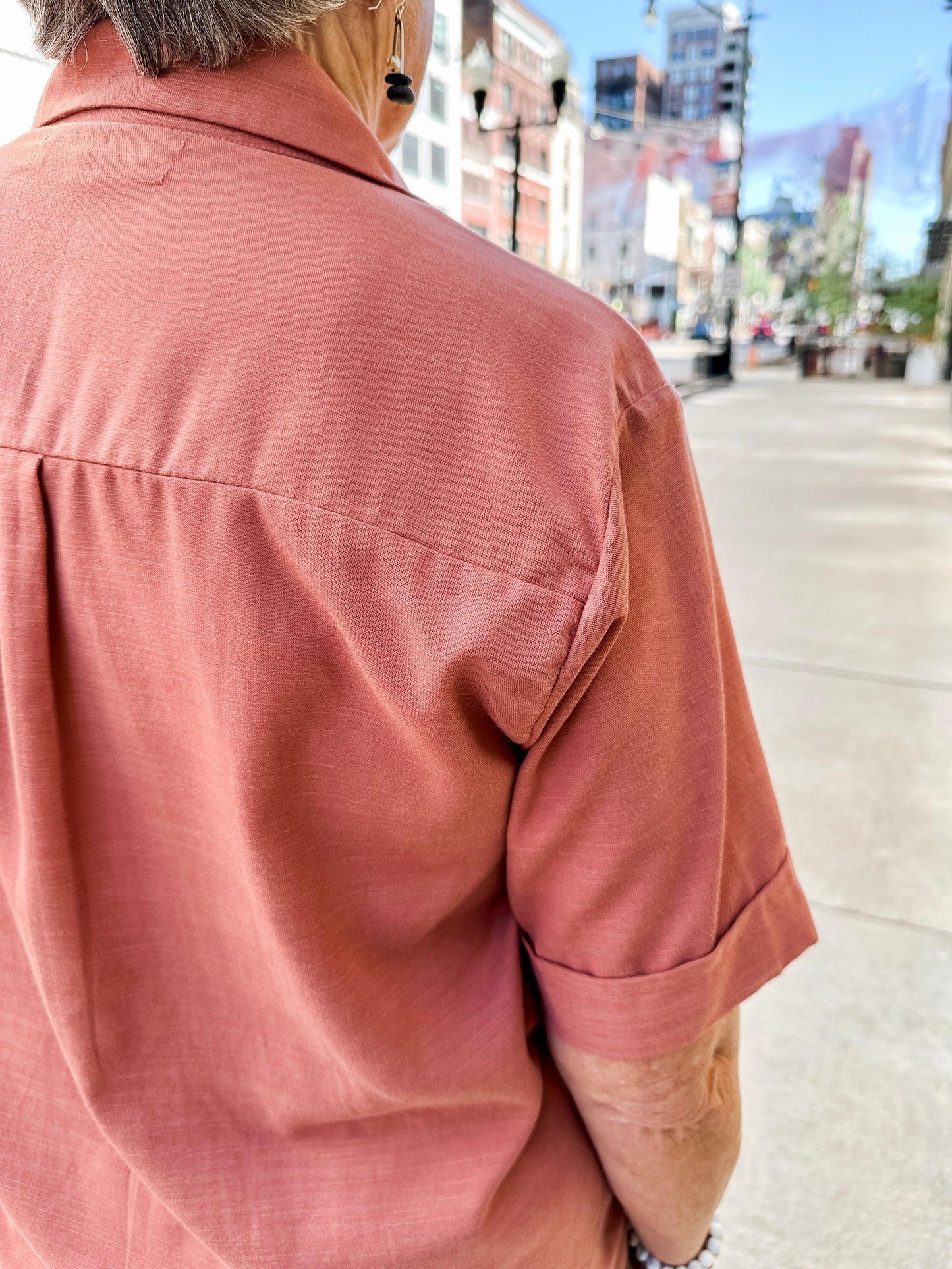 Open Collar V-Neck Button-up Blouse