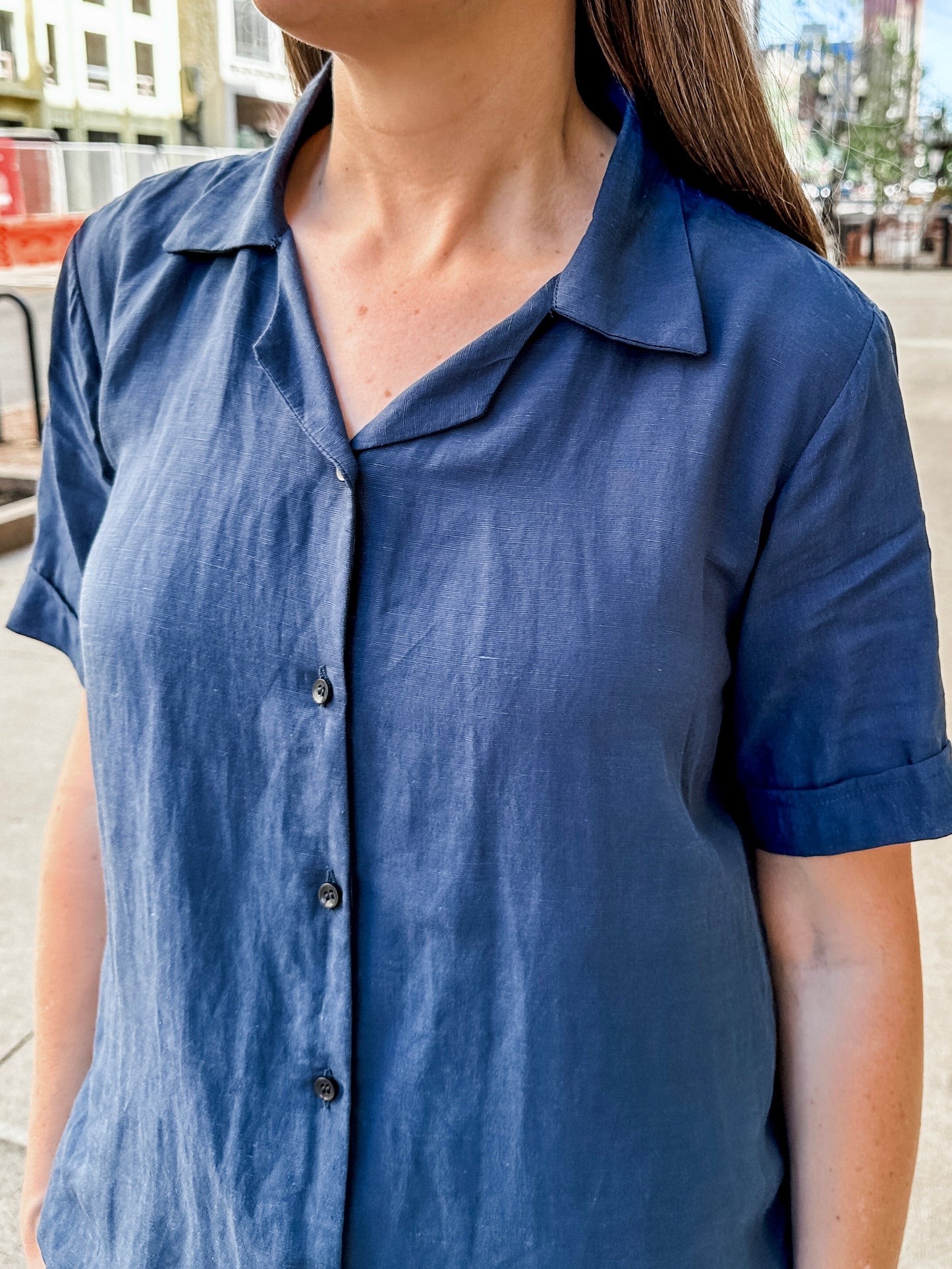 Open Collar V-Neck Button-up Blouse