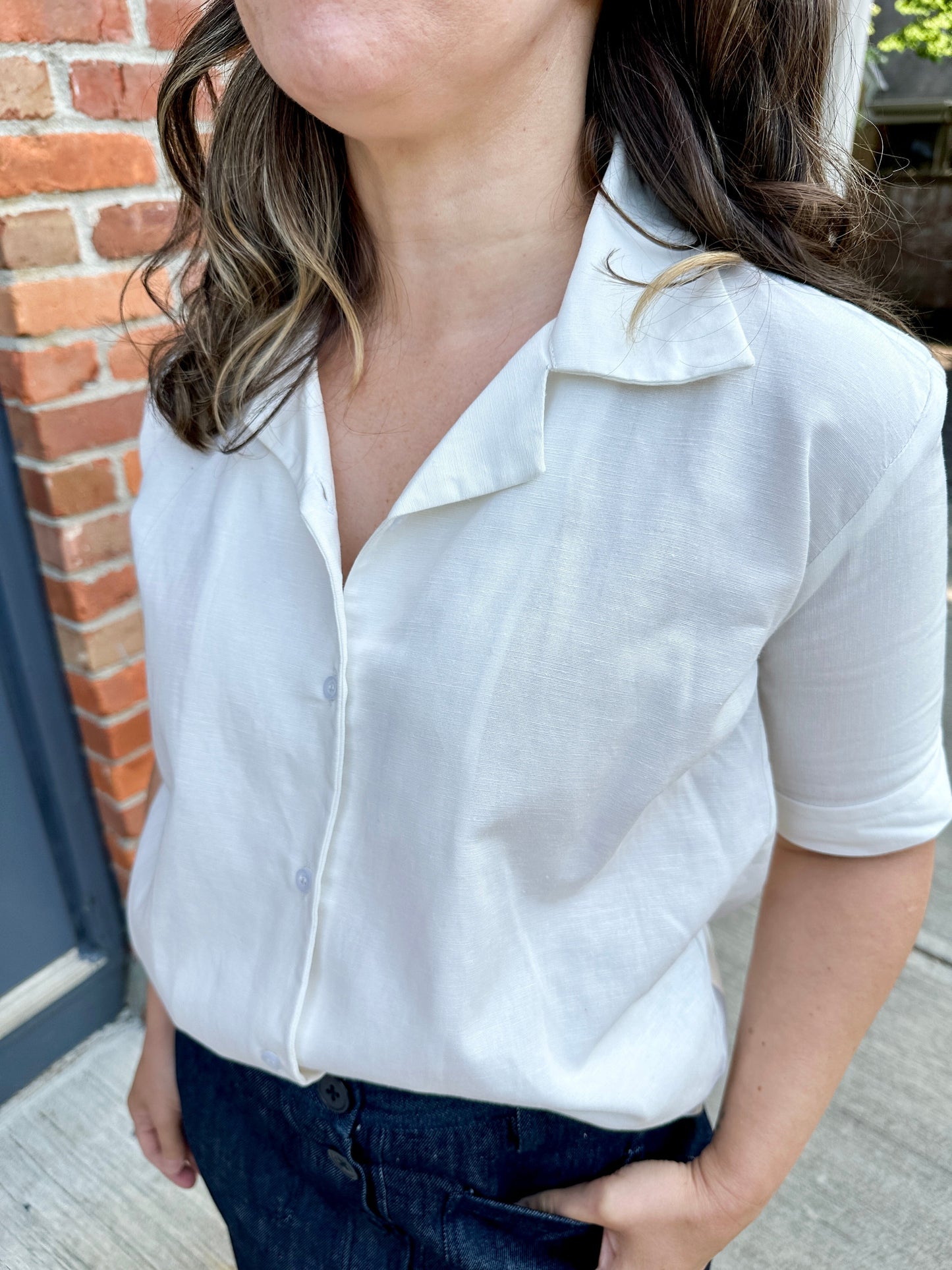 Open Collar V-Neck Button-up Blouse