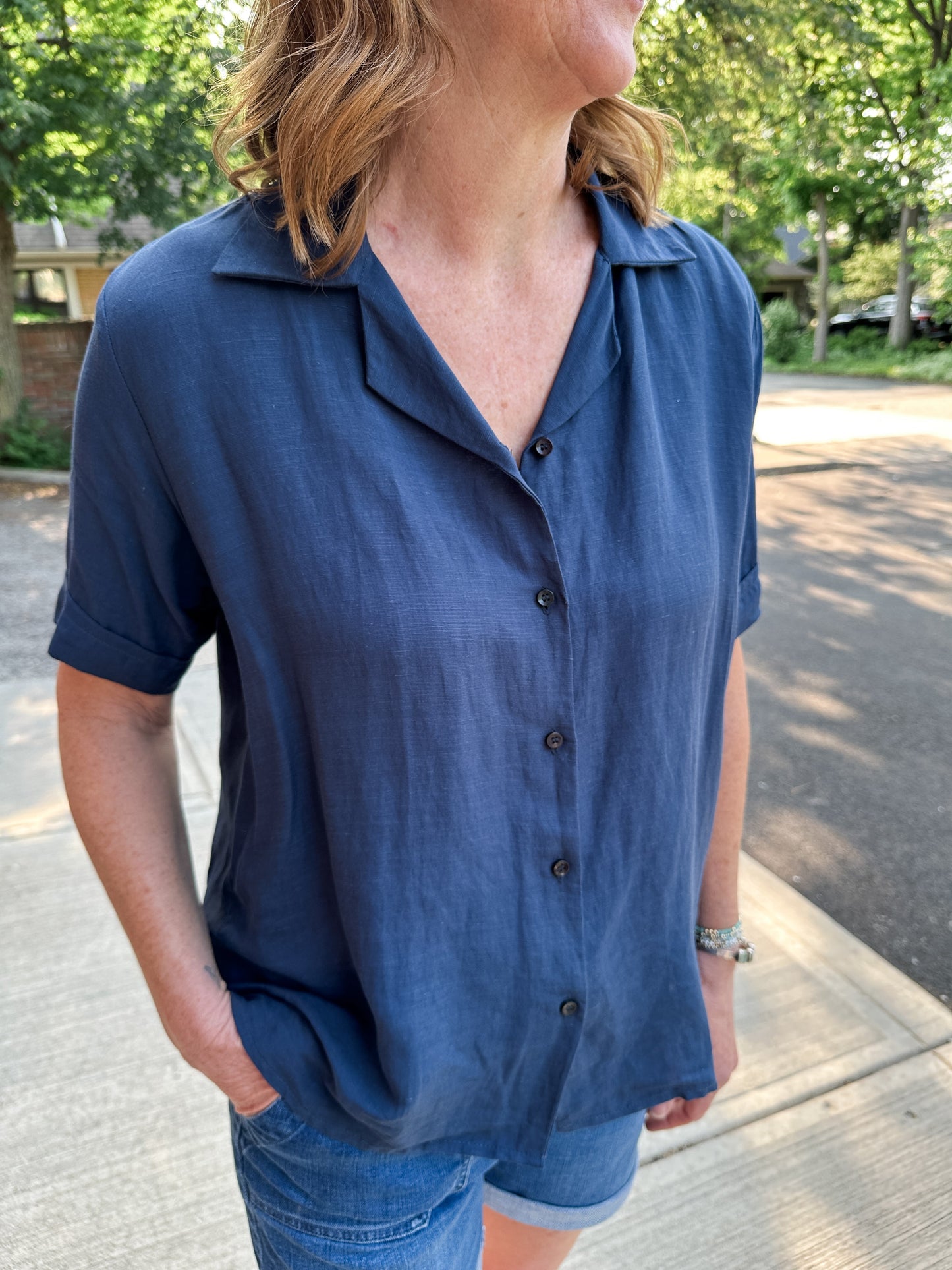 Open Collar V-Neck Button-up Blouse