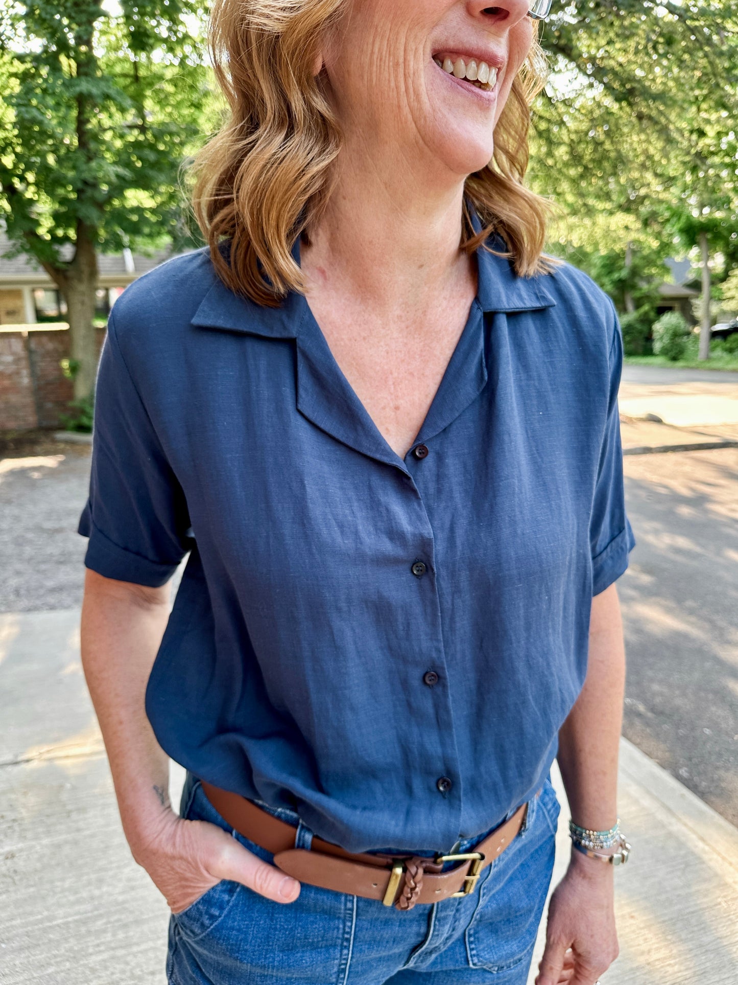 Open Collar V-Neck Button-up Blouse