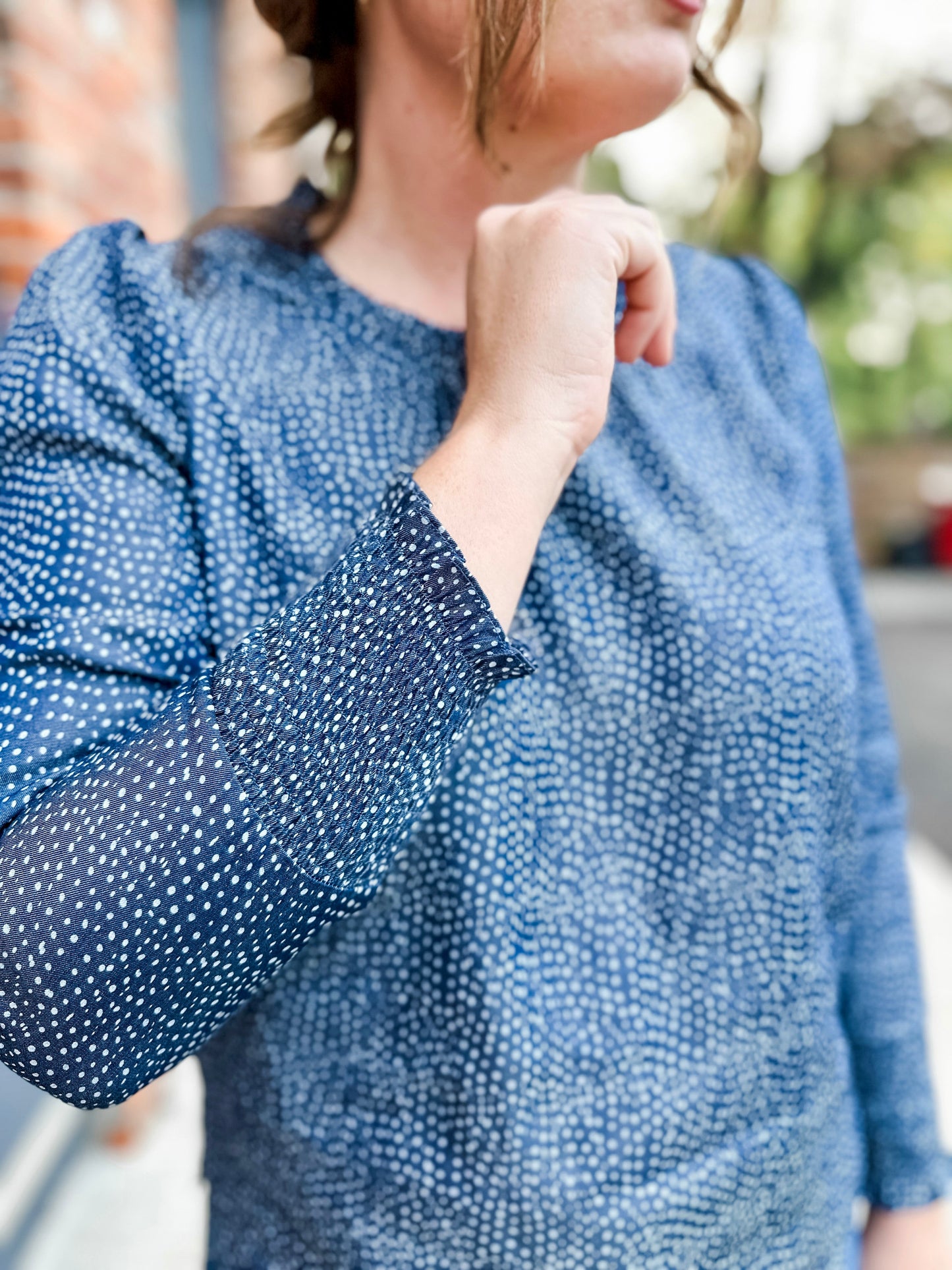 Pull-Over Blouse with Pleated Crew Neckline