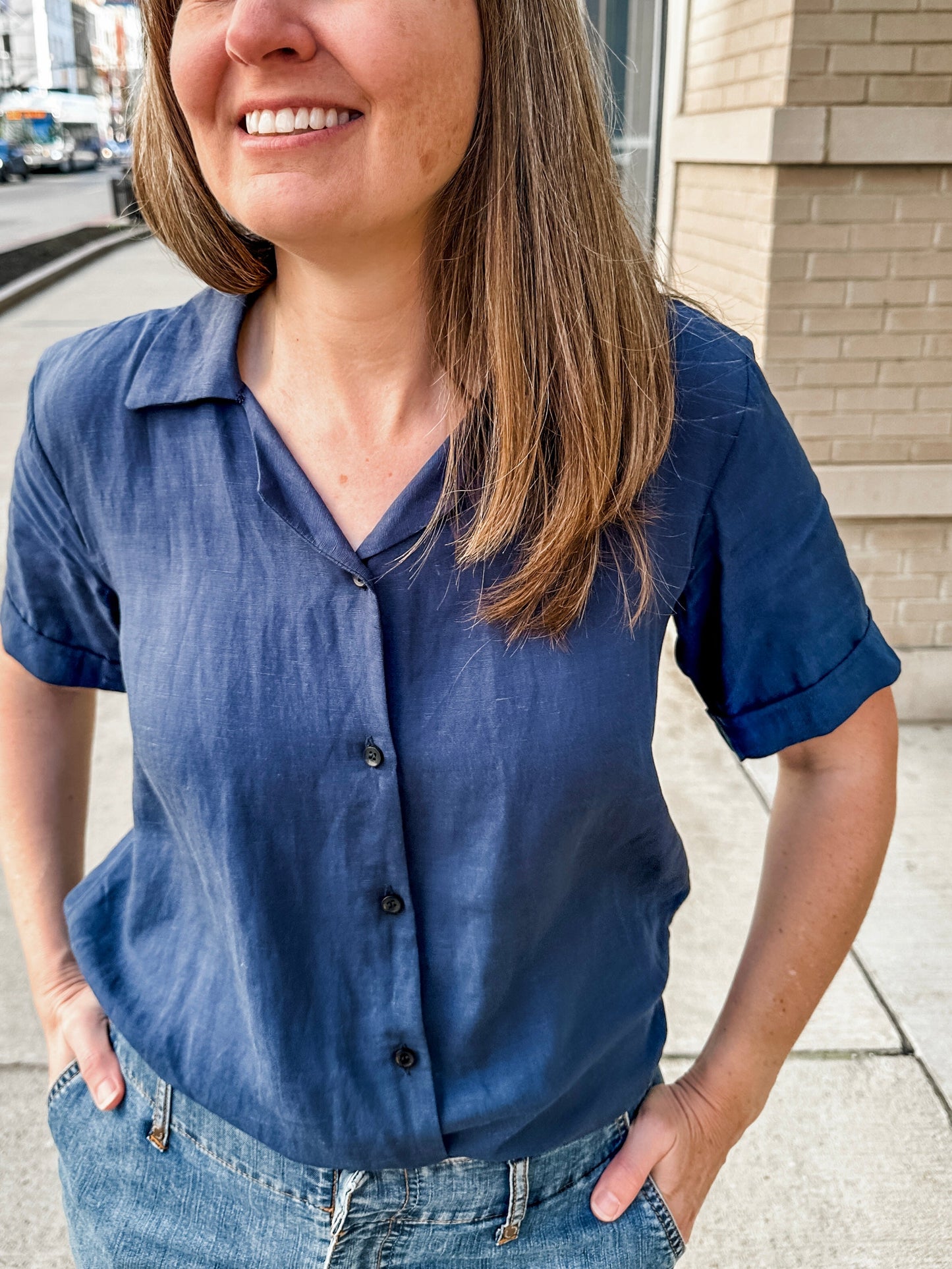 Open Collar V-Neck Button-up Blouse